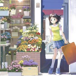  1girl antenna_hair bare_arms blue_flower blue_shoes blue_skirt brown_eyes brown_hair building city closed_mouth commentary_request day flower flower_pot flower_shop hanging_plant highres holding holding_map holding_suitcase kikuchi_yume kneehighs leaning_to_the_side looking_at_flowers looking_to_the_side mahou_tsukai_ni_taisetsu_na_koto map miniskirt official_art orange_flower outdoors pink_flower plaid_clothes plaid_skirt plant planter potted_plant purple_flower red_flower shelf shirt shoes shop short_hair skirt smile sneakers socks solo suitcase town vest white_flower white_shirt white_socks yellow_flower yellow_vest yoshizuki_kumichi 