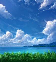 blue_sky chinese_commentary clouds commentary_request day foliage horizon landscape n_(nnn2927) no_humans ocean original outdoors scenery shore sky 