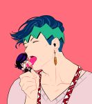  2boys black_hair blue_hair chibi earrings headband higashikata_jousuke jewelry jojo_no_kimyou_na_bouken kishibe_rohan licking miniboy multiple_boys pompadour tears vldksltlah88 wavy_mouth 