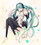  1girl ;) akagi_kiyo aqua_eyes aqua_hair barefoot black_legwear blush cable detached_sleeves garter_straps hatsune_miku headphones long_hair microphone miku_append navel small_breasts solo tattoo thighhighs twintails very_long_hair vocaloid vocaloid_append wink 