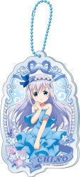  1girl bare_shoulders blue_background blue_dress blue_eyes blue_flower blue_hair blue_ribbon bubble_background character_name charm_(object) clam_shell clam_shell_ornament closed_mouth conch copyright_logo copyright_notice cowboy_shot detached_sleeves dress flower frilled_dress frilled_sleeves frills gochuumon_wa_usagi_desu_ka? hair_ornament hair_ribbon hand_on_own_cheek hand_on_own_face head_chain highres holding_own_dress jewelry kafuu_chino layered_dress logo long_dress long_hair looking_at_viewer official_art polka_dot polka_dot_ribbon ribbon scallop short_sleeves solo standing starfish strapless strapless_dress white_background x_hair_ornament 