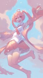  1girl :d ahoge armpits blue_sky boots breasts cherry_blossoms collar colorful_clouds commentary flower from_below full_body hair_flower hair_ornament hands_up hatsune_miku highres jumping long_sleeves looking_at_another loose_hair_strand medium_breasts necktie petals pink_boots pink_eyes pink_necktie pink_skirt pink_sleeves pink_trim popsi puffy_long_sleeves puffy_sleeves sakura_miku shirt skirt sky sleeveless sleeveless_shirt smile solo teeth thigh_boots thighs upper_teeth_only vocaloid white_collar white_shirt white_trim 