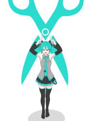 1girl alternate_hair_length_(shorter) aqua_eyes aqua_hair aqua_necktie arms_up bare_shoulders black_boots black_skirt blending boots commentary detached_sleeves double_v full_body grey_shirt hatsune_miku highres looking_at_viewer miriririn_88 necktie open_mouth scissors shirt short_hair simple_background skirt sleeveless sleeveless_shirt solo thigh_boots v vocaloid white_background