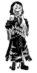  1girl absurdres ball_and_chain_restraint boots bracelet chain chinese_commentary collar commentary_request dress full_body greyscale hair_ornament hand_on_own_hip hand_up highres hood hood_up hooded_dress jewelry kuma4193 long_dress looking_at_viewer mahou_shoujo_no_majo_saiban mask mask_pull monochrome mouth_mask parted_lips shito_alisa short_hair simple_background solo standing white_background x_hair_ornament 