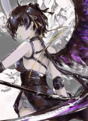  1girl absurdres ahoge back backless_outfit bare_shoulders black_dress bow dress elbow_gloves female_rover_(wuthering_waves) from_behind from_side gloves hair_bow hair_ribbon highres holding holding_scythe long_hair looking_at_viewer looking_back ponytail ribbon rover_(wuthering_waves) scythe single_wing solo wings wuthering_waves yellow_eyes zekita 