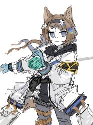  animal_ears arknights aroma_(arknights) belt black_headband black_hoodie blue_eyes blue_gloves blue_hair blue_pants blush brown_hair commentary flask flower gloves grape_(grayp) hair_flower hair_ornament headband highres holding holding_flask holding_staff hood hood_down hoodie jacket long_hair multicolored_hair pants sketch staff streaked_hair tail thigh_belt thigh_strap two-tone_hoodie white_hoodie white_jacket wolf_ears wolf_girl wolf_tail 