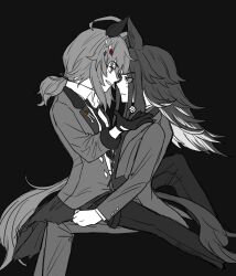  2girls ahoge animal_ears black_background blush collared_shirt dice ear_covers eye_contact eyes_visible_through_hair face-to-face feather_hair_ornament feathers feet_out_of_frame fenomeno_(umamusume) flipped_hair formal_clothes from_side frown gloves greyscale grin hair_between_eyes hair_ornament hand_on_another's_hip holly horse_ears horse_girl horse_tail invisible_chair jacket koto444866 long_hair looking_at_another low_ponytail monochrome multicolored_hair multiple_girls nakayama_festa_(festival_game)_(umamusume) nakayama_festa_(umamusume) official_alternate_costume pants partially_colored ponytail profile shirt short_ponytail sidelocks simple_background single_ear_cover sitting sitting_on_lap sitting_on_person smile tail two-tone_hair umamusume vest waistcoat yuri 