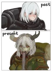  1girl absurdres adepta_sororitas armor before_and_after black_armor black_eyes chaos_(warhammer) corruption decaying_skin hair_between_eyes highres horns kkghost_tv long_tongue medium_hair nurgle_(cult) power_armor rotting scar scar_on_face tongue very_long_tongue warhammer_40k white_hair 