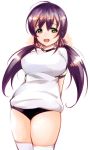  1girl arms_behind_back blush breasts buruma cowboy_shot green_eyes gym_uniform ichimatsu_(anaumemondai) large_breasts love_live!_school_idol_project low_twintails open_mouth purple_hair scrunchie smile solo thick_thighs thighhighs thighs toujou_nozomi twintails 
