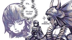  2boys androgynous armor baal_(megami_tensei) bodysuit chalice closed_eyes commentary cup dark-skinned_male dark_skin demon_(megami_tensei) english_commentary english_text greyscale helmet highres holding holding_cup long_hair male_focus monochrome multiple_boys oversized_object protagonist_(aogami_nahobino)_(smtv) protagonist_(smtv) shin_megami_tensei shin_megami_tensei_v shin_megami_tensei_v:_vengeance shiseptiana short_hair sparkle twitter_username very_long_hair zoom_layer 