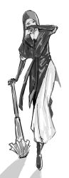  1girl apron arm_up black_apron black_bodice black_boots black_capelet black_gloves black_hood boots capelet coif commentary_request covering_own_mouth elbow_gloves elden_ring elden_ring_nightreign flanged_mace full_body gloves greyscale highres holding holding_mace holding_weapon ki_(qrg8l) lower_eyelashes_only mace monochrome nun sketch solo standing tsurime undertaker_(elden_ring) weapon white_coif 