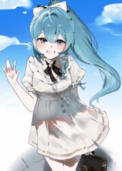  1girl akashi_myu aqua_hair bag bib_collar black_bow black_bowtie blue_eyes blue_sky bow bowtie clouds dress hair_bow hand_up highres holding holding_bag indie_virtual_youtuber jewelry long_hair looking_at_viewer ponytail puffy_short_sleeves puffy_sleeves short_sleeves single_sidelock sky smile solo virtual_youtuber white_bow white_dress wonderful_bow 
