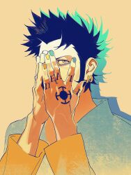  1boy black_hair blue_shirt covering_own_mouth earrings finger_tattoo hand_tattoo highres jewelry kithwith_(kith_0121) limited_palette long_sleeves male_focus multiple_earrings nail_polish one_piece orange_background piercing portrait shirt short_hair sideburns simple_background spiky_hair tattoo trafalgar_law 