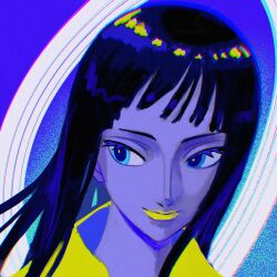  1girl black_hair blue_eyes blue_light blue_theme blunt_bangs card_(medium) chromatic_aberration closed_mouth commentary_request highres hisarakanoi light_smile looking_to_the_side nico_robin one_piece shirt solo yellow_lips yellow_shirt 