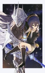  1boy 1girl belle_(brilliance_of_stars)_(zenless_zone_zero) belle_(zenless_zone_zero) black_hat black_shoes black_sweater blue_hair carrying closed_mouth commentary_request crossed_bangs floating_hair gcey4478 green_eyes grey_hair grey_skirt hair_between_eyes hat highres holding holding_sword holding_weapon long_hair looking_at_viewer necktie official_alternate_costume open_mouth princess_carry pyrois_(zenless_zone_zero) shoes short_hair skirt star_(sky) sweater sword weapon yellow_necktie zenless_zone_zero 