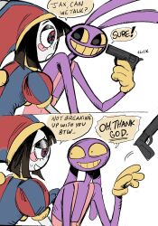  1boy 1girl animal_ears blue_eyes blue_gloves blue_hat colored_skin colored_teeth couple dropping ears_down english_text from_side gloves gun hat highres holding holding_gun holding_weapon implied_suicide jax_(the_amazing_digital_circus) jester_cap jester_costume kuropin multicolored_eyes pomni_(the_amazing_digital_circus) puffy_short_sleeves puffy_sleeves purple_skin rabbit_boy rabbit_ears red_eyes red_hat short_sleeves smile speech_bubble talking the_amazing_digital_circus two-tone_eyes two-tone_hat upper_body weapon yellow_eyes yellow_teeth 