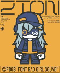  1girl 2ton_(fbgs) absurdres artist_name baseball_cap blue-tinted_eyewear blue_hair blue_hat blue_jacket blue_pants character_name chibi chibi_only clenched_hands colored_skin copyright_name english_commentary font_bad_girl_squad full_body hair_ornament hairclip hat highres ito_to_0427 jacket long_hair long_sleeves no_mouth official_art open_clothes open_jacket orange_background orange_shirt pants second-party_source shirt simple_background solo standing thick_lineart tinted_eyewear white_skin 