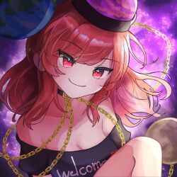  1girl black_shirt chain choker commentary_request cropped_torso earth_(ornament) hair_ornament hecatia_lapislazuli highres long_hair looking_at_viewer moon_(ornament) planet_hair_ornament red_eyes red_hair shirt solo strapless strapless_shirt touhou underworld_(ornament) yukino_mirusen 