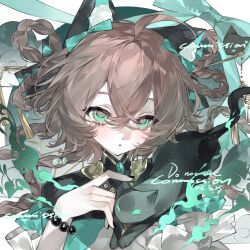  1girl ahoge animal_ears bai_re_hua_skz blush bow bracelet braid brown_hair cat cat_ears commission green_eyes hair_between_eyes hair_rings highres jewelry looking_at_viewer original solo twin_braids upper_body 