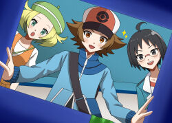  1girl 2boys :d :o absurdres ahoge bag beret bianca_(pokemon) black_hair blonde_hair blue_jacket brown_eyes brown_hair cheren_(pokemon) commentary_request eyelashes glasses green_eyes green_hat hat highres hilbert_(pokemon) jacket multiple_boys nemusugi_1119 open_mouth orange_vest pokemon pokemon_black_and_white shirt short_hair shoulder_bag smile sparkle teeth upper_teeth_only vest white_shirt 