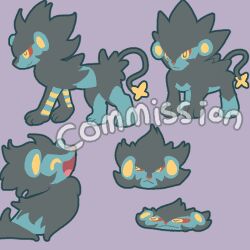  :< :3 animal_focus black_fur blue_fur chibi chibi_inset colored_sclera commission full_body joo_gumoon looking_at_viewer lowres luxray multiple_views no_humans open_mouth pokemon pokemon_(creature) pokemon_focus purple_background red_sclera simple_background solo standing two-tone_fur yellow_eyes 