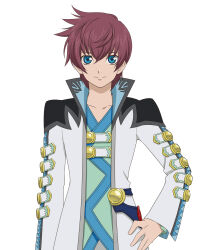  1boy artist_request asbel_lhant blue_eyes brown_hair closed_mouth coat collarbone cowboy_shot hand_on_own_hip highres looking_at_viewer male_focus official_art photoshop_(medium) shirt short_hair simple_background smile solo tales_of_(series) tales_of_graces tales_of_the_world tales_of_the_world_reve_unita third-party_source white_background white_coat 