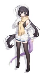  1girl absurdres ahoge bare_shoulders beret black_hair black_thighhighs breasts closed_mouth commission full_body hair_between_eyes hand_up hat high_heels highres jacket long_hair long_sleeves looking_at_viewer off_shoulder open_clothes open_jacket original pai_daxing pleated_skirt scarf shadow shoes simple_background skirt sleeveless solo standing tachi-e tail thigh-highs very_long_hair violet_eyes white_background white_jacket yellow_scarf 