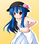  1girl arms_behind_back bare_shoulders blue_hair blush food fruit hat hinanawi_tenshi ichimi long_hair looking_at_viewer navel off_shoulder peach red_eyes sarashi small_breasts solo touhou 