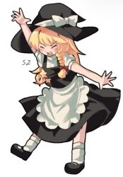  1girl :d apron black_dress black_shoes blonde_hair blush bow braid closed_eyes cookie_(touhou) dress hair_bow hat hat_bow kirisame_marisa mary_janes shoes side_braid simple_background single_braid smile socks solo star_pin suzu_(cookie) tanaub teeth touhou upper_teeth_only v-shaped_eyebrows waist_apron waving white_background white_bow white_socks witch_hat 