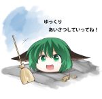  :d animal_ears broom green_eyes green_hair kasodani_kyouko leaf nayutaro open_mouth short_hair smile touhou yukkuri_shiteitte_ne 