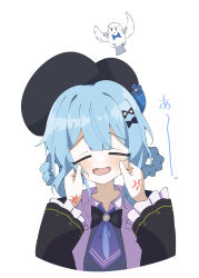  2girls =_= absurdres angry black_capelet black_hat blue_hair braid braided_hair_rings capelet cheek_pinching chinese_commentary hair_rings hat highres mahou_shoujo_no_majo_saiban multiple_girls open_mouth pinching shimesu_emhr short_hair simple_background smile tachibana_sherry tono_hanna white_background 