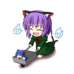  1girl :&lt; ^_^ animal_ears blush_stickers bow cat_ears cat_tail chibi closed_eyes cosplay doll dress green_dress hair_bow hairband hinanawi_tenshi ichimi kaenbyou_rin kaenbyou_rin_(cosplay) kemonomimi_mode nagae_iku open_mouth purple_hair smile solo tail touhou wheelbarrow |_| 