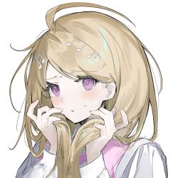  1girl ahoge akamatsu_kaede blonde_hair blush closed_mouth collared_shirt danganronpa_(series) danganronpa_v3:_killing_harmony embarrassed eyelashes hair_ornament highres holding_own_hair long_hair long_sleeves looking_at_viewer musical_note musical_note_hair_ornament pink_sweater_vest pink_vest poia portrait pout shirt shy simple_background solo sweater_vest thick_eyelashes twitter_username vest violet_eyes white_background 