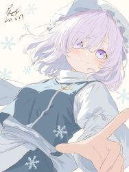  1girl apron blue_skirt blue_vest blush breasts closed_mouth commentary_request dated hat highres iris-san lapel_pin letty_whiterock long_sleeves looking_at_viewer medium_breasts medium_hair pointing pointing_at_viewer purple_hair scarf skirt smile snowflakes solo touhou vest violet_eyes waist_apron white_apron white_hat white_scarf 