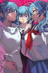  1boy 2girls absurdres blue_eyes blue_hair breasts commentary english_commentary finger_to_mouth genderswap genderswap_(mtf) highres jujutsu_kaisen kashimo_hajime looking_down looking_to_the_side mahito_(jujutsu_kaisen) miwa_kasumi multiple_girls necktie s0gaharahen school_uniform tagme twintails 