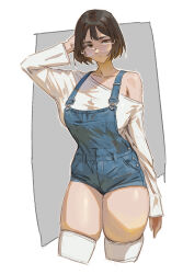  1girl :/ arm_behind_head blue_overalls bob_cut breasts brown_eyes brown_hair closed_mouth collarbone double-parted_bangs glasses half-closed_eyes highres large_breasts long_shirt looking_over_eyewear onikaiii original overall_shorts overalls shirt short_hair simple_background single_bare_shoulder skindentation solo standing thigh-highs thighs white_shirt white_thighhighs 