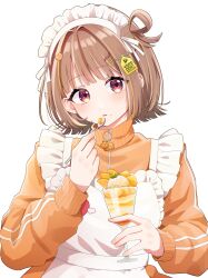  1girl absurdres apron blush brown_hair commentary_request eating eno_nuo food hair_ornament hair_rings highres holding holding_spoon ice_cream jacket long_sleeves looking_at_viewer maid_apron maid_headdress multicolored_hair parted_lips sendo_yuuhi simple_background single_hair_ring solo spoon streaked_hair virtual_youtuber vspo! white_background yellow_jacket 
