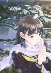  1girl black_sailor_collar black_serafuku black_shirt brown_eyes brown_hair closed_mouth commentary_request day fringe_trim from_above hands_up highres long_hair mole mole_under_eye neckerchief original outdoors own_hands_clasped own_hands_together praying rice_paddy sailor_collar scarf school_uniform serafuku shirt shrine smile snowing solo terrace tree upper_body water white_scarf yellow_neckerchief yoshizuki_kumichi 