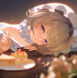 1girl bare_shoulders blue_eyes blush brown_hair cake cake_slice closed_mouth collar collarbone dress food frilled_collar frills genshin_impact hair_ornament highres holding holding_spoon indoors looking_at_viewer lying matsuo_ringo sandrone_(genshin_impact) short_hair_with_long_locks sitting solo spoon table white_dress white_headdress 
