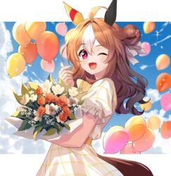  1girl ahoge animal_ears balloon belt blue_sky blush breasts brown_hair casual clouds commentary_request copano_rickey_(casual)_(umamusume) copano_rickey_(umamusume) day double_bun dress ear_covers fang finger_heart hair_between_eyes hair_bun horse_ears horse_girl horse_tail long_hair looking_at_viewer mismatched_ear_covers multicolored_hair one_eye_closed open_mouth plaid_clothes plaid_dress red_eyes rukinya_(nyanko_mogumogu) skin_fang sky smile solo streaked_hair tail textless_version umamusume violet_eyes white_hair yellow_belt yellow_dress 