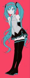  1girl aqua_eyes aqua_hair aqua_necktie aqua_trim arms_behind_back bare_shoulders black_boots black_skirt black_sleeves boots closed_mouth detached_sleeves dot_mouth dot_nose full_body grey_shirt hair_between_eyes hair_ornament hatsune_miku highres long_hair looking_at_viewer necktie number_tattoo pink_background pleated_skirt rinhuei shirt shoulder_tattoo simple_background skirt sleeveless sleeveless_shirt solo tattoo thigh_boots twintails very_long_hair vocaloid zettai_ryouiki 