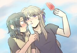  2girls adachi_sakura adachi_to_shimamura black_hair black_shirt blue_eyes blue_sky blush brown_hair brown_vest commentary day ear_blush english_commentary food hand_on_another's_shoulder highres holding holding_food holding_popsicle long_hair medium_hair multiple_girls outdoors popsicle scribdot sendai_hazuki shared_food shirt shuuniichido_classmate_wo_kau_hanashi sky sweatdrop tongue tongue_out vest violet_eyes yuri 
