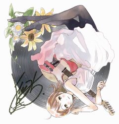  1girl absurdres arched_back bare_arms belt black_pantyhose bracelet brown_eyes brown_hair closed_mouth dress electric_guitar flower full_body guitar highres instrument jewelry medium_hair necklace no_shoes original pantyhose signature sleeveless sleeveless_dress smile solo vinyl_record white_background white_belt white_dress white_flower yellow_flower yoshizuki_kumichi 