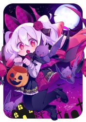  1girl :o absurdres bat_(animal) black_bow black_pantyhose black_shoes black_skirt border bow commentary_request double-parted_bangs fang flower footwear_bow footwear_flower frilled_skirt frills full_body full_moon gradient_hair hair_between_eyes hair_flower hair_ornament halloween halloween_bucket highres holding holding_halloween_bucket long_hair long_sleeves moon multicolored_hair neck_flower nise_dorothia open_mouth original outside_border pantyhose pleated_skirt purple_background red_flower red_hair red_rose rose shirt shoes signature skirt solo white_border white_hair white_shirt 