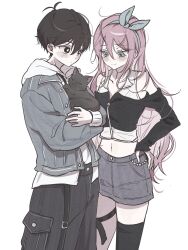  1boy 1girl alternate_costume animal antenna_hair aubrey_(faraway)_(omori) aubrey_(omori) black_eyes black_hair black_pants black_thighhighs blue_eyes blue_hairband blue_jacket blush bright_pupils cat closed_mouth collared_jacket commentary crop_top double-parted_bangs hair_between_eyes hairband hand_on_own_hip highres holding holding_animal holding_cat hood hood_down hoodie jacket long_hair long_sidelocks long_sleeves looking_at_another omori open_clothes open_jacket pants pink_hair short_hair sidelocks simple_background single_thighhigh sunny_(omori) thigh-highs white_background white_hoodie white_pupils wktdms1 