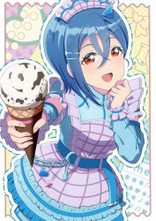  1girl aiscream_(love_live!) blue_dress blue_hair chain commentary dress food happy_birthday holding holding_food ice_cream_cone litecolors_radi love_live! love_live!_superstar!! open_mouth orange_eyes short_hair solo wakana_shiki 