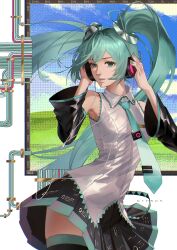  1girl absurdres aqua_eyes aqua_hair aqua_nails aqua_necktie aqua_trim bare_shoulders black_skirt black_sleeves black_thighhighs bliss_(image) cable commentary detached_sleeves fingernails grey_shirt hair_between_eyes hair_intakes hands_on_headphones hatsune_miku headphones highres ipod ipod_shuffle long_hair mp3_player nail_polish necktie nthndn parted_lips pleated_skirt shirt skirt sleeveless sleeveless_shirt solo thigh-highs tie_clip twintails very_long_hair vocaloid wide_sleeves wing_collar 