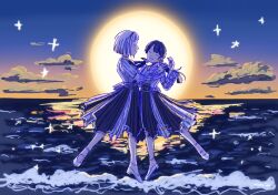  2girls black_hair black_skirt bob_cut closed_eyes closed_mouth commentary dancing dollchestra dress floating full_body hands_up highres horizon inverted_bob long_sleeves love_live! love_live!_hasu_no_sora_jogakuin_school_idol_club low_twintails mary_janes mirage_voyage_(love_live!) mizoe multicolored_hair multiple_girls murano_sayaka ocean red_streaks shoes short_hair skirt smile sparkle streaked_hair sun sunset twintails u_u untranslatable_commentary virtual_youtuber white_dress white_hair white_shoes yugiri_tsuzuri 