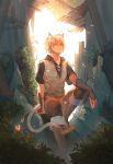  1boy blonde_hair butterfly cat_tail highres naked_cat original short_hair sitting smile solo tail yellow_eyes 