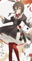  1girl :o absurdres ace_(playing_card) alternate_costume amiya_(arknights) animal_ears arknights black_dress blue_eyes bow bowtie brown_hair card club_(shape) commentary_request diamond_(shape) dress feet_out_of_frame frilled_dress frills hair_between_eyes heart highres juliet_sleeves korean_commentary long_hair long_sleeves looking_at_viewer open_mouth pantyhose petticoat playing_card puffy_sleeves rabbit_ears red_bow red_bowtie red_pantyhose roman_numeral rynn_art sidelocks solo spade_(shape) striped_clothes striped_pantyhose vertical-striped_clothes vertical-striped_pantyhose 